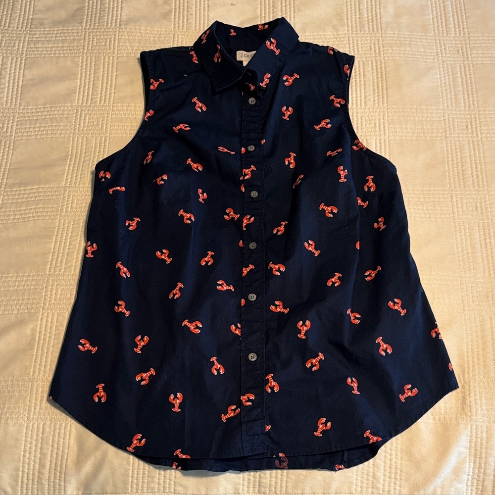 J. Crew Navy Sleeveless Button-down Top with Red Lobster Design